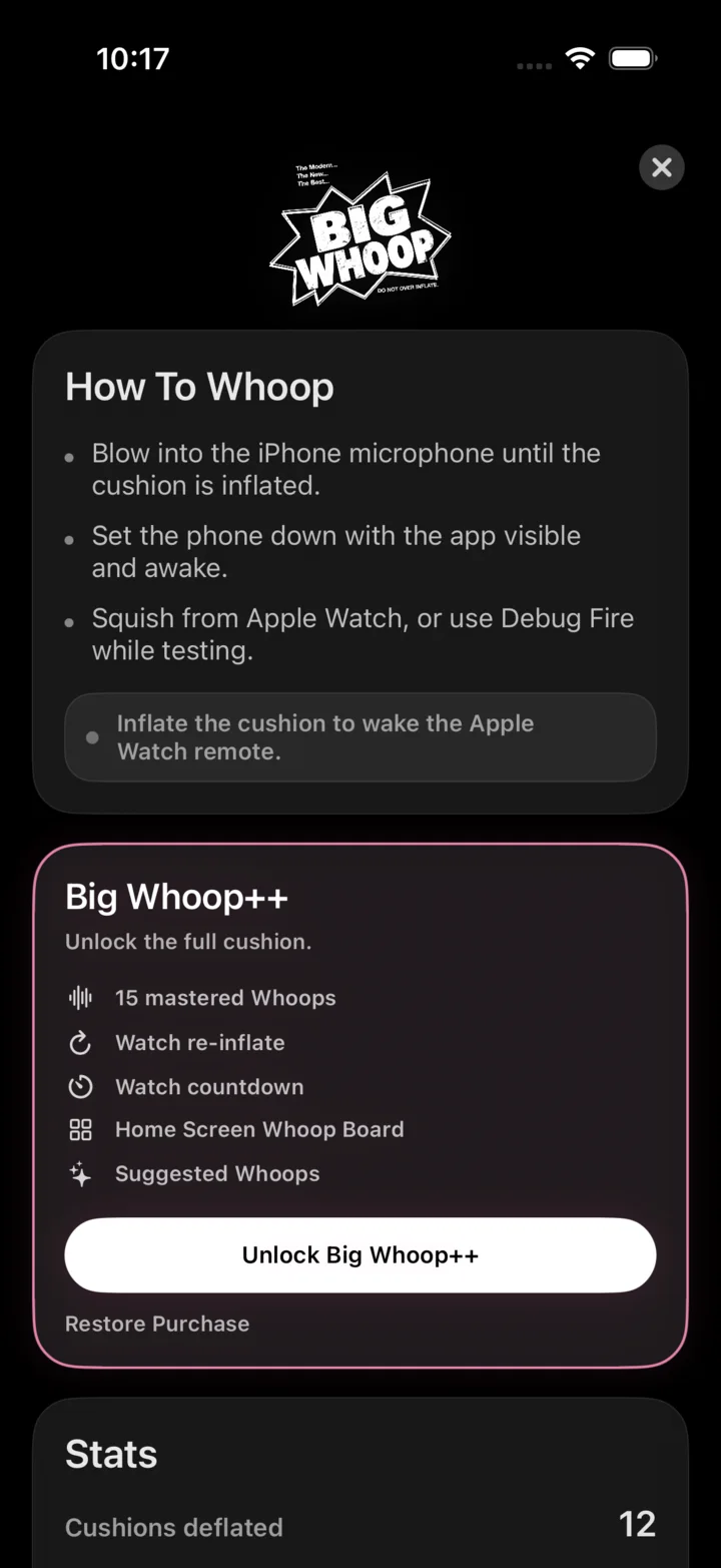 Big Whoop settings screen