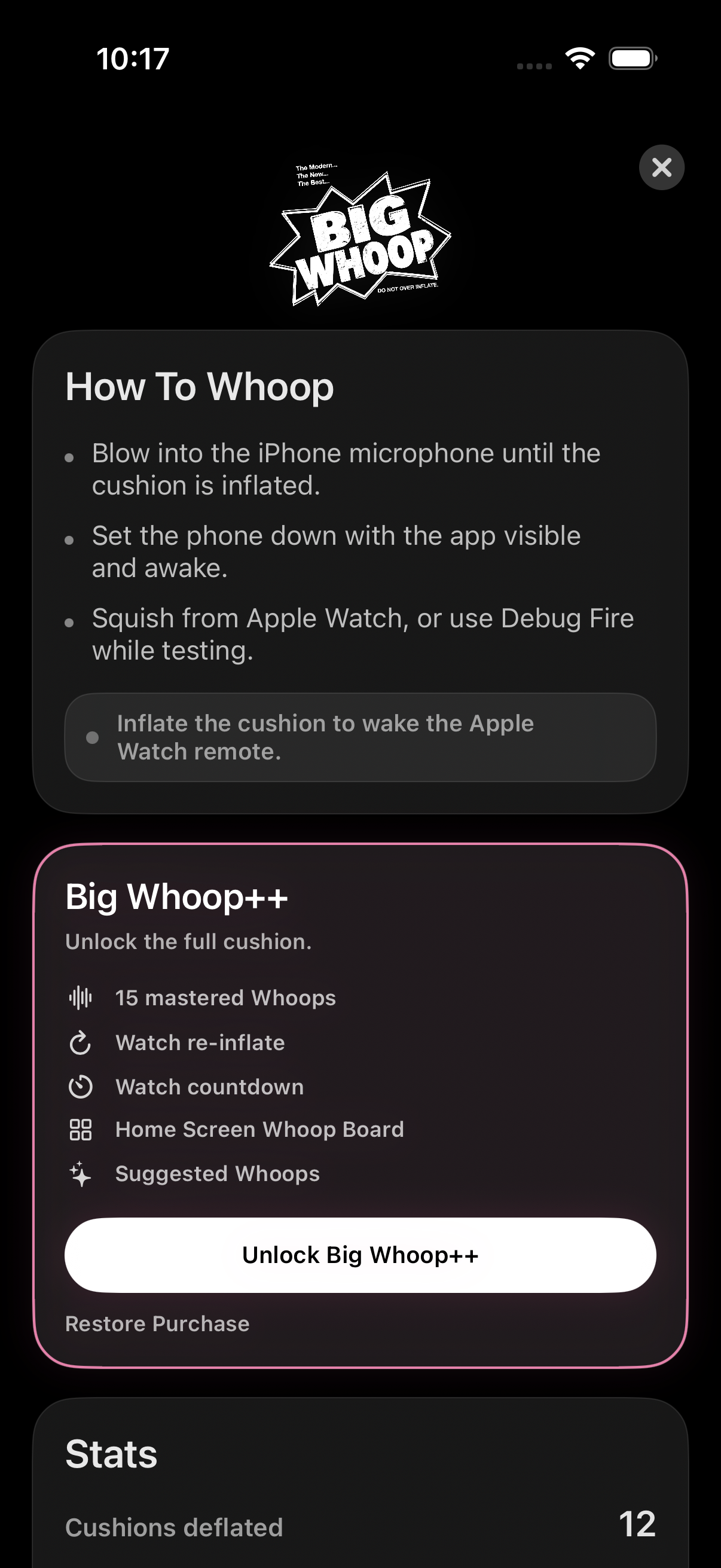 Big Whoop settings screen